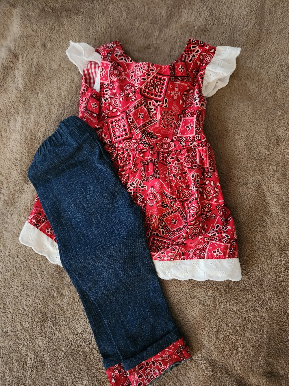 Red Bandana Print Girls Dress with White Eyelet Trim
